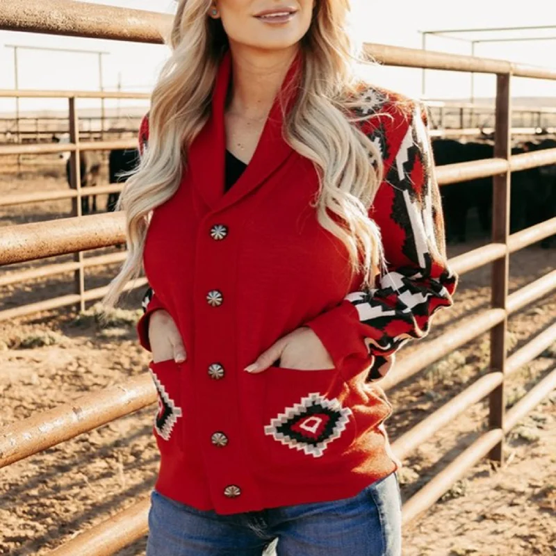 Women's Red/Black and White Aztec Button Sweater