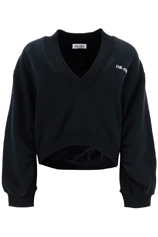 Oversized Sweatshirt With Deep V-neck  - Black