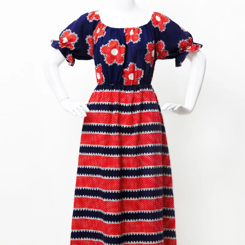 FLOWER POWER 60S RED WHITE BLUE OFF SHOULDER MAXI DRESS