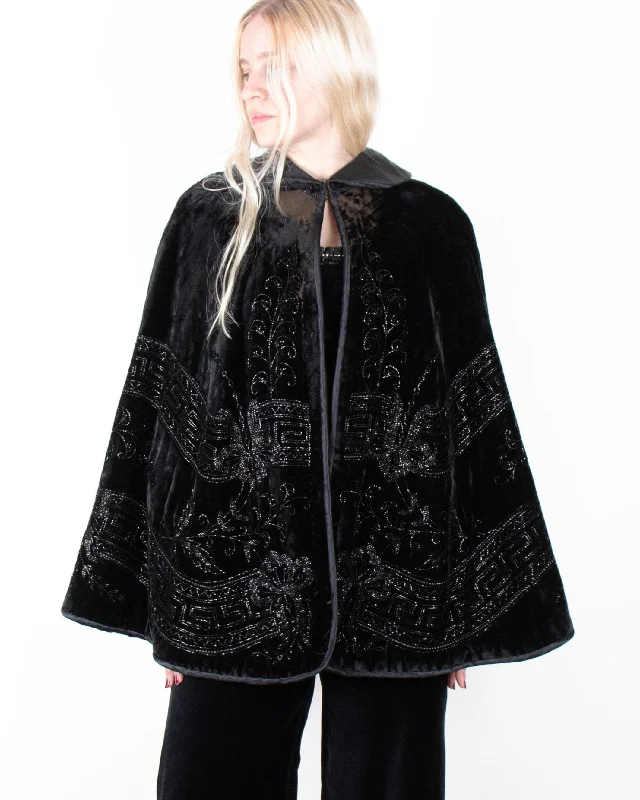 Rare 1890s Victorian Black Embellished Silk Velvet Cape OS