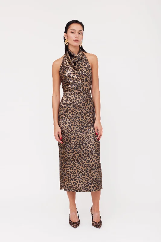 LARA Metallic Animal Print Midi Cowl Neck Dress